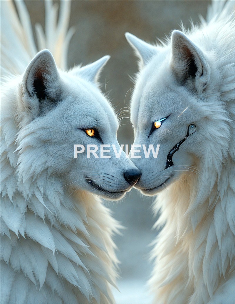 Two white wolves with piercing yellow eyes are touching noses, standing close to each other with a blurred background.